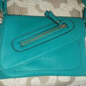 Teal Crossbody Bag w/ Black+White Striped Interior